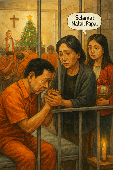 Ilustrasi simbolis Natal di penjara: sebuah sel sederhana dengan jeruji besi, di sudutnya berdiri pohon Natal kecil dihias kertas perak bekas dan lilin kecil. Seorang narapidana anonim duduk di tepi ranjang besi, menunduk dengan air mata, sementara cahaya lilin memantulkan bayangan salib di dinding. Di ruang serbaguna, narapidana lain bernyanyi dengan wajah penuh harapan, dan seorang pendeta sukarelawan membacakan kisah kelahiran Yesus. Suasana hangat, sederhana, penuh pertobatan dan kedamaian batin.